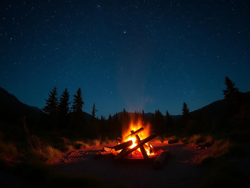 Campfire under a starry sky