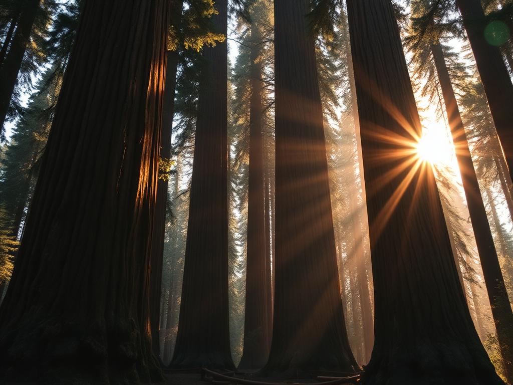 Giant redwood forest with sunbeams