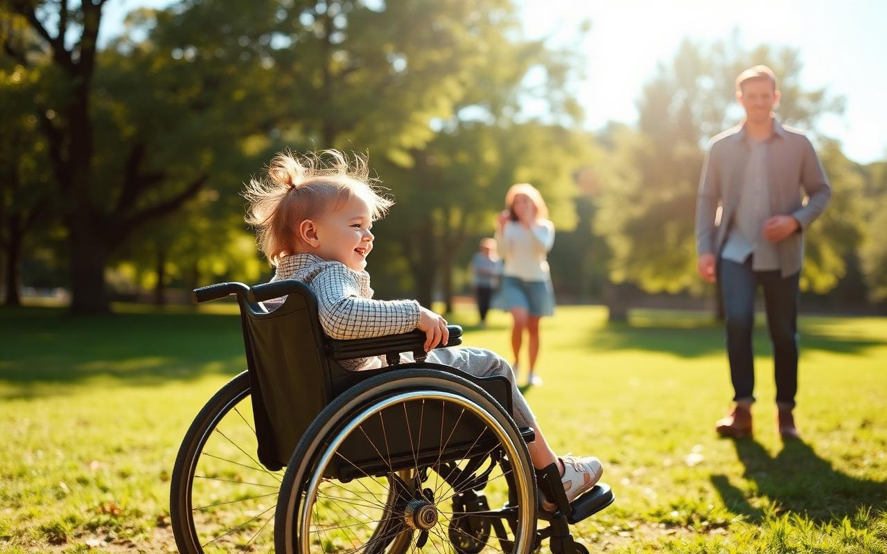 A child in a wheelchair smiling outdoors with family in a sunlit park
