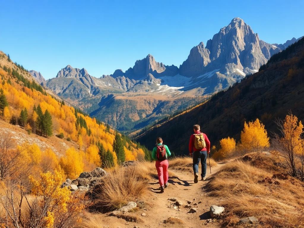 Hikers on a mountain trail in autumn