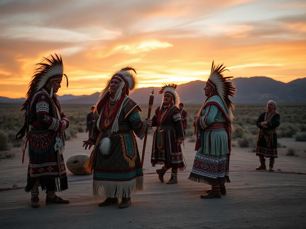 Native American cultural ceremony at sunset