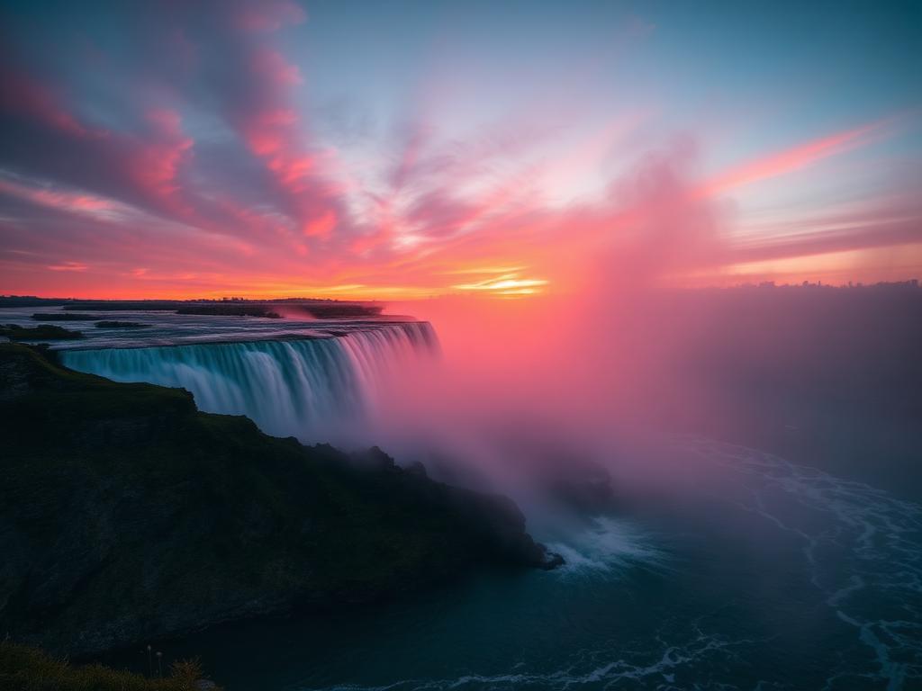 Niagara Falls at sunset with mist